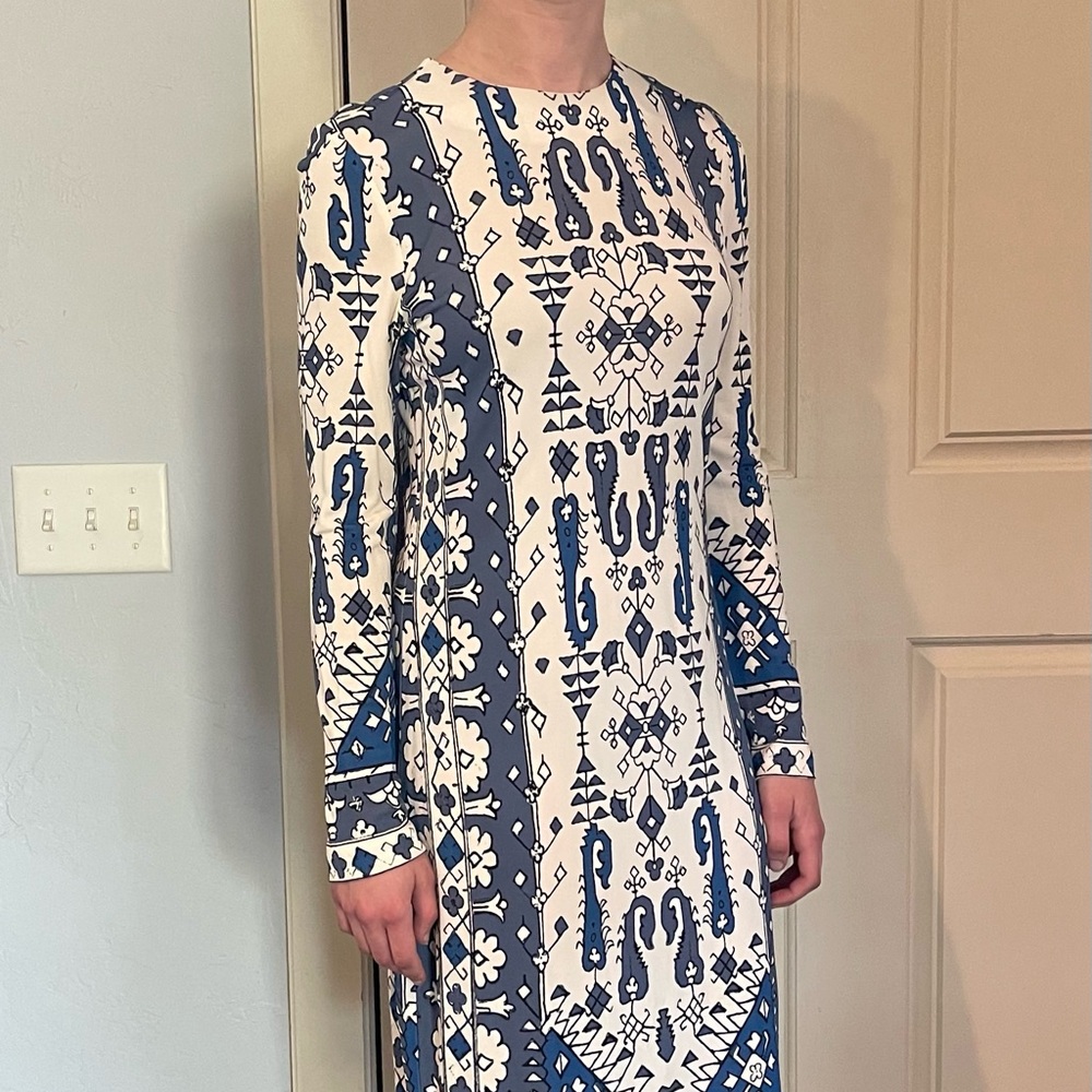 Tory Burch blue and white print long sleeve sheath dress size S